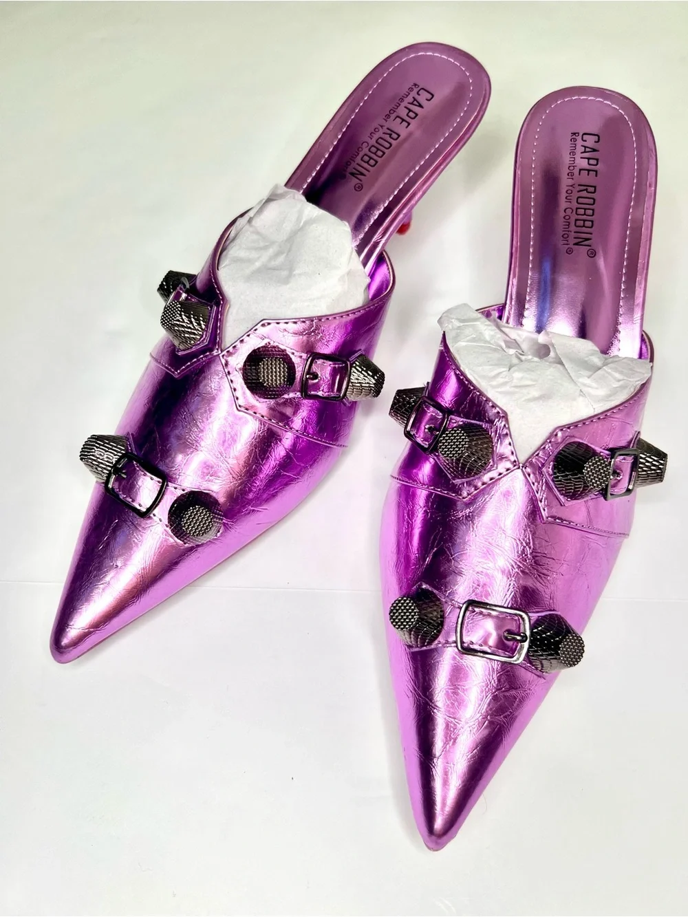Metallic Embellished Purple Mules w/ Industrial Hardware Studded Metal Accents - Picture 1 of 13